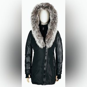 Women’s Leather Sleeved Down Parka with Fur